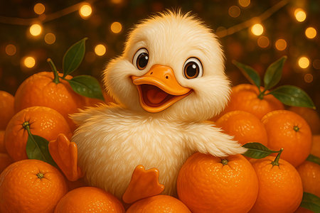 Joyful Duckling Among Bright Oranges with Bokeh Lightsの素材