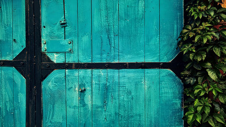 Vibrant Teal Wooden Gate with Green Ivyの写真素材