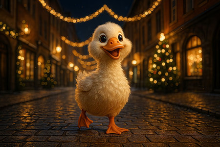 Adorable Duckling Strolling on a Festive Christmas Streetの素材
