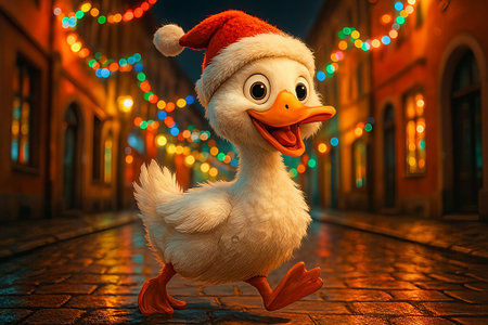 Cute Duckling in Santa Hat Walking Down a Festive Christmas Streetの素材