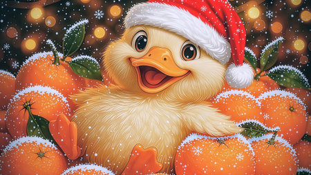 Adorable Christmas Duckling in a Pile of Snowy Orangesの素材