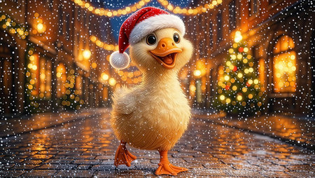 Cute Duckling in Santa Hat on a Snowy Christmas Eveの素材