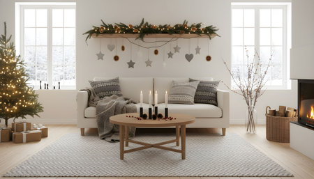 Cozy Christmas Living Room with Festive Decorationsの素材