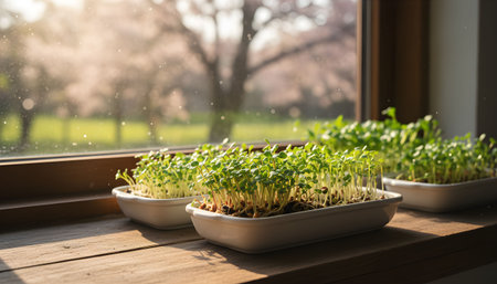 Fresh Microgreens Thriving on a Sunny Windowsillの素材