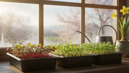 Fresh Microgreens Growing on a Sunny Windowsillの素材