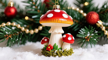 Whimsical Mushroom Family Christmas Ornament in a Snowy Holiday Sceneの素材