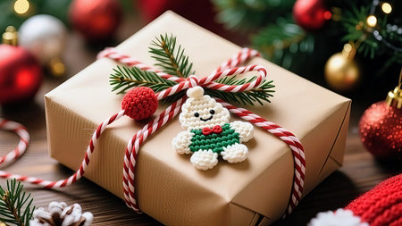 Festive Christmas Gift with Crocheted Ornament and Holiday Decorationsの素材