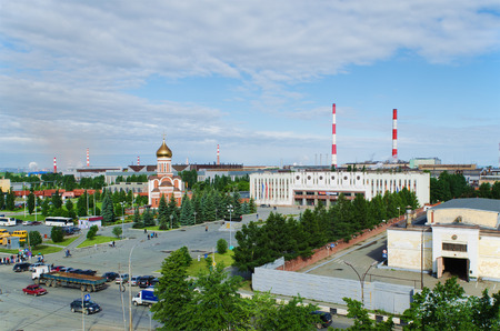 NIZHNY TAGIL, RUSSIA - JUNE 10, 2015: The top view on the square before the main checkpoint of machine-building enterprise "Uralvagonzavod" . "Uralvagonzavod"  the largest main battle tank manufacturer in the world.のeditorial素材