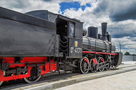 VERKHNYAYA PYSHMA, RUSSIA - JUNE 11, 2015: steam locomotive series Ov - exhibits of the Museum of military equipment.のeditorial素材