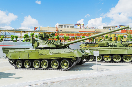 VERKHNYAYA PYSHMA, RUSSIA - JUNE 11, 2015: Russian Tank T-80UD - exhibit of the Museum of military equipment.のeditorial素材
