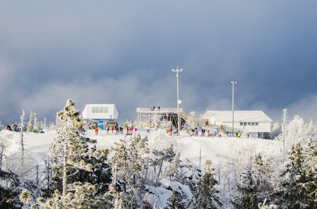 SVERDLOVSK REGION, RUSSIA - JANUARY 3, 2018: Station ski lift to the top of the mountain Belaya. Ski resort "Mountain Belaya"のeditorial素材
