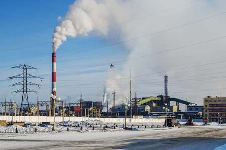 KRASNOURALSK, RUSSIA - FEBRUARY 10, 2018: Krasnouralsk copper smelting plant. Environmental pollution with industrial wasteのeditorial素材