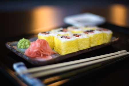 sushi on the table in restaurant; shallow DOFの写真素材