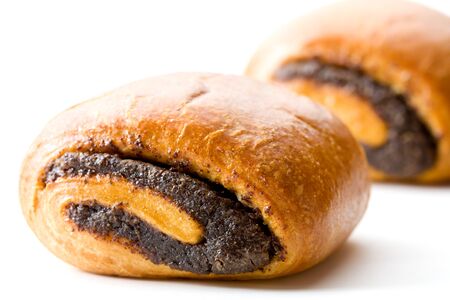 two sweet buns with poppyseeds isolated on whiteの写真素材