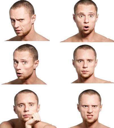 collage from six emotions close-up portraits of young man isolated on whiteの写真素材