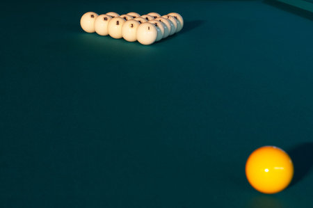 Billiard balls on green cloth - start of the game.の写真素材