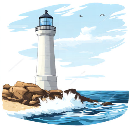 Lighthouse on the rocks. Vector illustration in a cartoon style.の素材