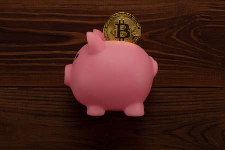 Happy cute pink plastic piggy bank with bitcoin coin inside on brown wooden planks background....