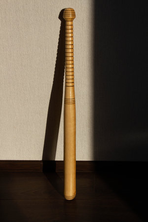 A baseball bat stands against the wall. Beautiful shadow of the sun from a Softball Bat falls on the...