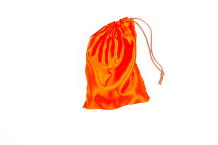 Santa sack on white background. Personalised Christmas red sack with Santa Claus gifts with copy space for text. New Yearâs Santaâs Bag pattern. Isolated. Velvet Christmas sack. Top view. Close-upの写真素材