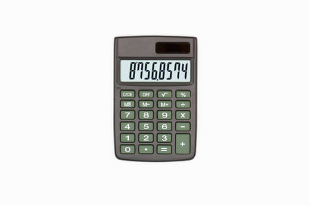 Calculator with brown buttons with numbers on the digital screen on a white background. Isolated. Solar powered financial calculator. Electronic machine for math. Business officeの写真素材