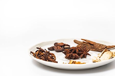 Traditional Chinese medicine on white dishの写真素材