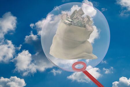The big soap bubble encloses a sack full of money - 3D-Illustrationの写真素材