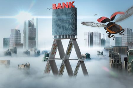 bank is built on a card house- 3D-Illustrationの写真素材