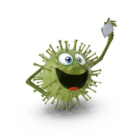 virus takes a selfie like an influencer with its smartphone -3d-illustration,の写真素材