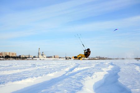 Winter sports. Ski kiting on a snowy river.の写真素材