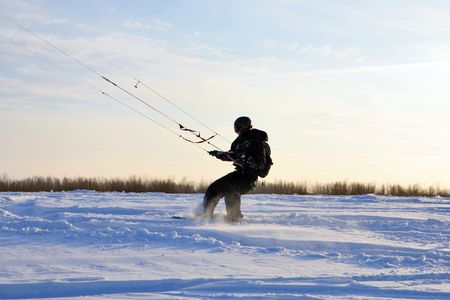 Winter sports. Ski kiting on a snowy river.の写真素材