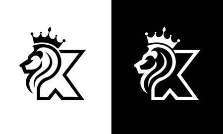 Letter K lion king with crown unique shape modern line art monogram abstract logo design ideaのイラスト素材