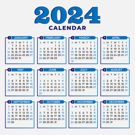 Blue 2024 English wall calendar template schedule events vector designのイラスト素材
