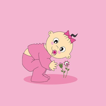 Crouching baby girl, stroking a flower. baby girl greeting cardのイラスト素材