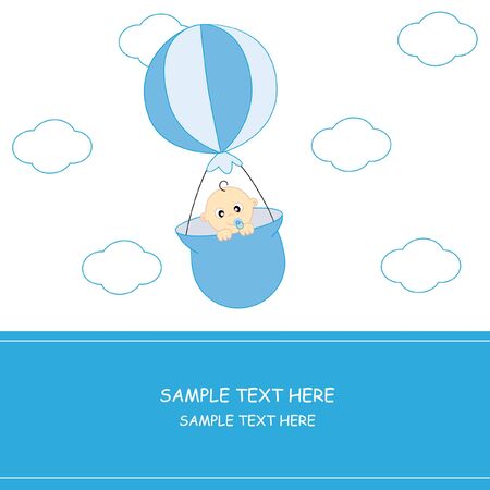 Balloon flying baby. Baby boy arrival announcement card のイラスト素材