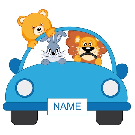 Baby boy arrival announcement. animals in a blue carのイラスト素材