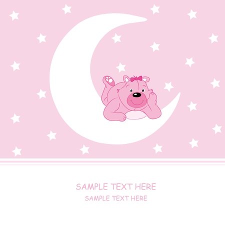 Bear on the moon. Baby girl arrival announcement card のイラスト素材