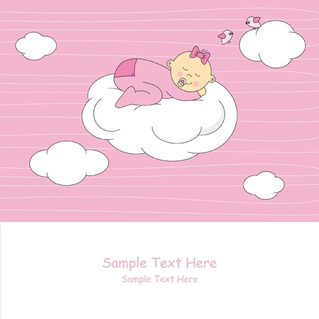 Baby girl arrival announcement card.baby sleeping on the moonのイラスト素材