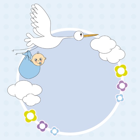 Baby boy arrival announcement. stork with a baby.のイラスト素材