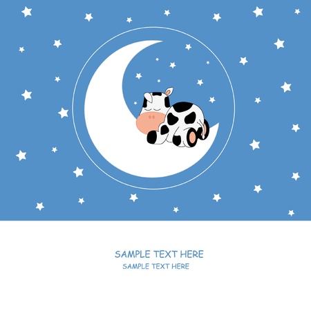 Baby boy arrival announcement card. Cow sleeping on the moonのイラスト素材