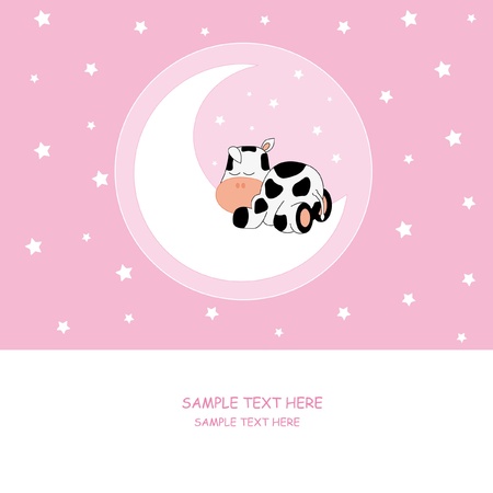 Baby girl arrival announcement card. Cow sleeping on the moonのイラスト素材