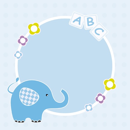 Baby boy arrival announcement. Space for text or photo. Frame elephantのイラスト素材