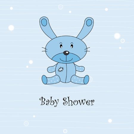 Baby boy arrival announcement card. Stuffed rabbitのイラスト素材