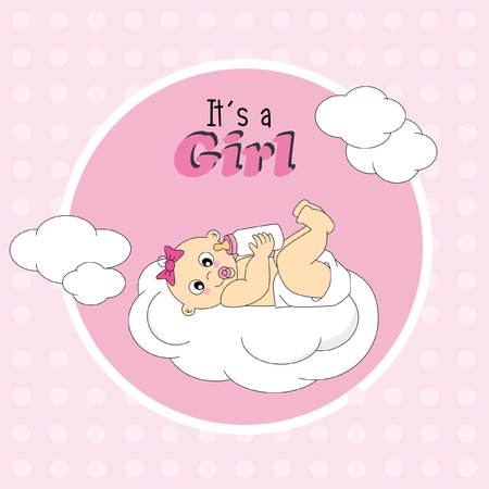 Baby girl arrival announcement card.baby on a cloudのイラスト素材