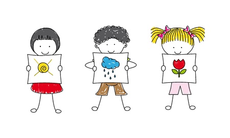 group of children showing pictures about meteorology.のイラスト素材
