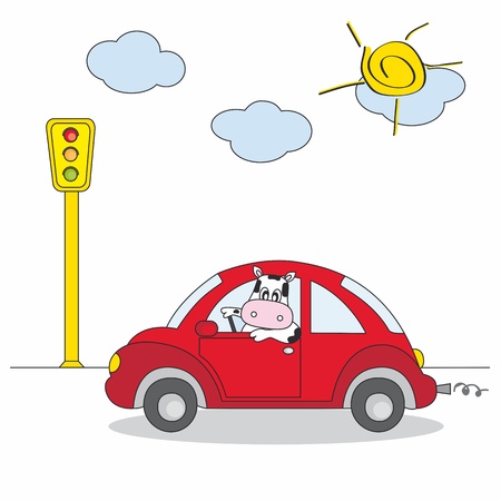 cow driving a red car のイラスト素材