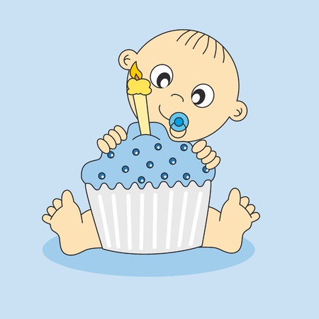 Baby boy card with a birthday cake. first Birthdayのイラスト素材