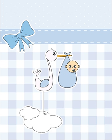 Baby boy arrival announcement card. stork with newborn babyのイラスト素材