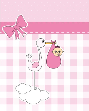 Baby girl arrival announcement card. stork with newborn baby のイラスト素材