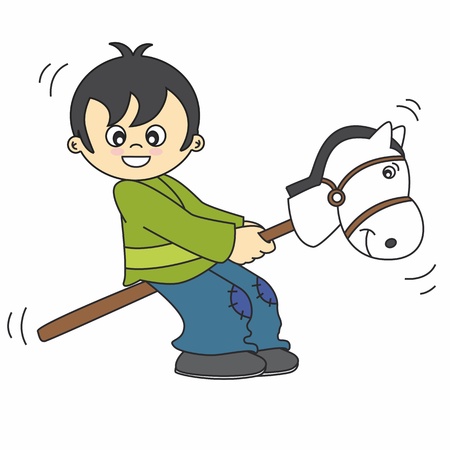 little boy playing with a wooden horse のイラスト素材